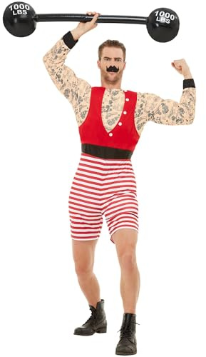 Smiffys Deluxe Strongman Costume, Red & White with Short Jumpsuit & Moustache, Circus Fancy Dress, Adult Dress Up Costumes