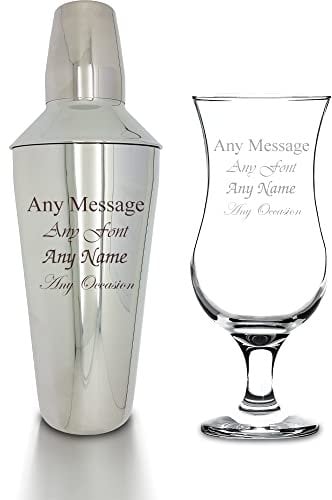 Personalised Engraved Cocktail Shaker with Strainer and Pina Colada Glass, Perfect for Any Cocktail Lover, Great for Any Occasion