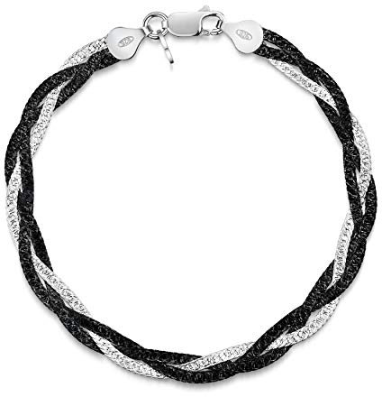 Amberta Damen 925 Sterling Silber Kettenarmband 5 mm Fischgrätenmuster Design Länge 19 cm: Schwarz-weiß silber