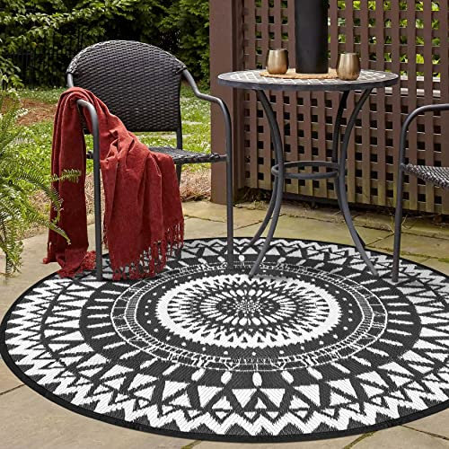 Nuu Garden Runder Outdoor-Teppich für Terrassen, kariert, wendbarer Terrassenteppich, Kunststoff-Strohhalm, Innen- und Außenbereich, runder Teppich für draußen, Wohnmobil, Camping, 1.5x1.5 m