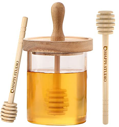 HAPPI STUDIO Honey Pot - Airtight 13 Oz Glass Honey Dispenser/Container with Wooden Dipper Stick