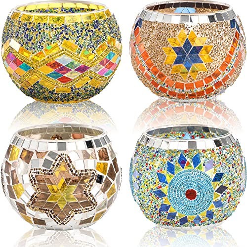DEAYOU 4 Pack Glass Candle Holders Mosaic, Decorative Glass Tealight Votive Holder Bowl, Scented Candle Stand for Lighting Decor, Gift, Aromatherapy, Also Used as Vase, Pen Holder, Potted Plant Bowl