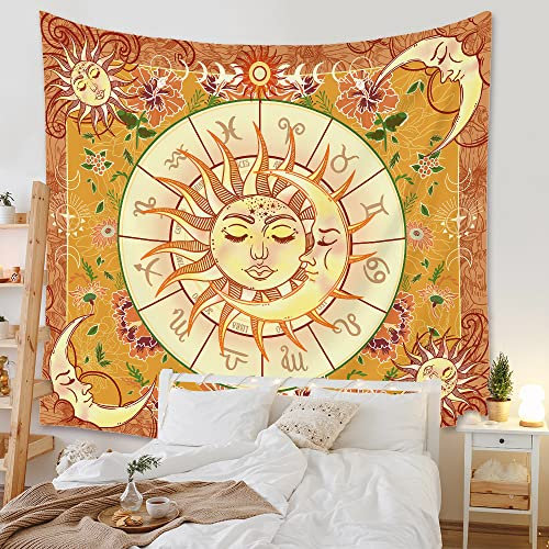 Ricemru Senfgelb Wandteppich Sonne Mond Bunt,Wandbehang Vintage Blumen Aesthetic Wandtücher Wandtuch Sonnengott Mystische Hippie Wanddeko für Schlafzimmer 150x130