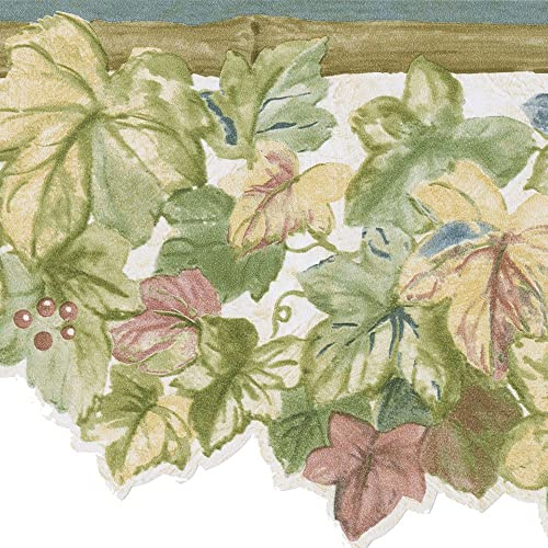 CONCORD WALLCOVERINGS Wallpaper Border Floral Pattern Bamboo Ivy Leaves Berries for Living Room Cottage, Green Beige White Blue Red, 6.75 Inches by 15 Feet 30385382B