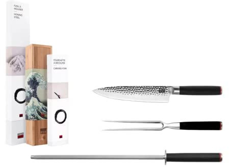 Il Set Grillades 3 pezzi: Gyuto (coltello da chef) + forchetta da taglio + affilatore