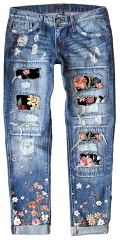 Astylish Women Floral Ripped Patchwork High Rise Washed Jeans Boyfriend Distressed Denim Pants Blue Medium