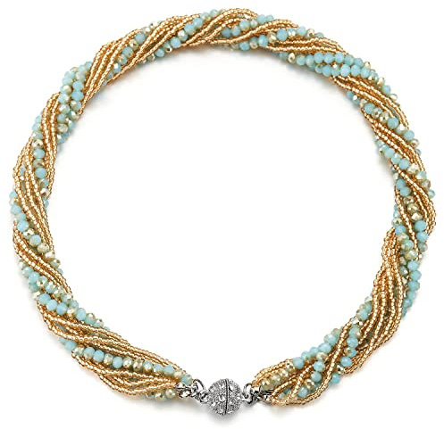 COOLSTEELANDBEYOND Gold Türkis Statement Anhänger Multi-Schichten Perlen Kristall Geflochtene Kette Halsband Choker Magnetverschluss