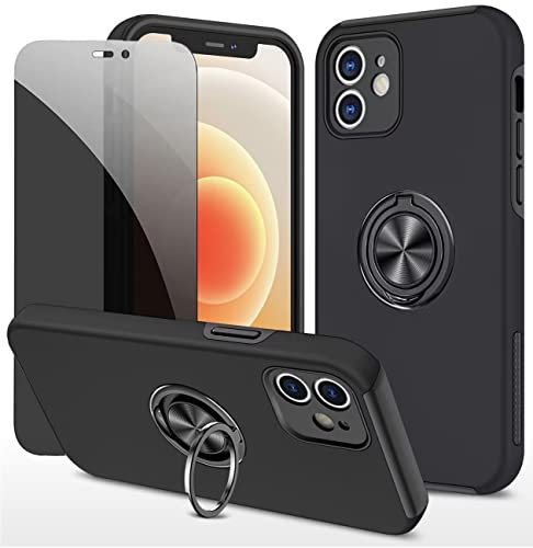 Dechyi Anti-Spähen hülle für iPhone 12 Schwarz Handyhülle mit Sichtschutz aus gehärtetem Glas Displayschutzfolie mit Ringhalterung stoßfest, Kratzfest PC-Silikon strapazierfähig Schutzhülle