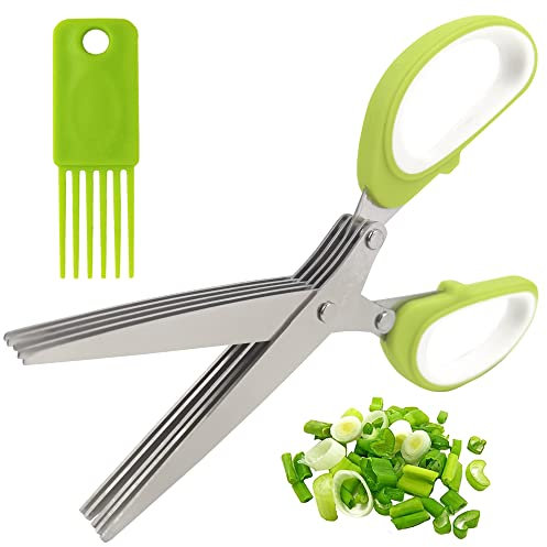 Edelstahl Küchenschere,5 Klingen Schere Gemüseschere Küchen Kräuterschere Gewürzschere Schnittlauchschere mit Reinigung Kamm,Für Kräuter,Schnittlauch,Petersilie (Grün)