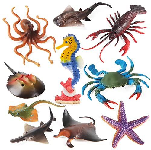 10Pcs Ocean Animals Toys Figures, Large Plastic Sea Creature Figurines Seahorse Starfish Crab Lobster Octopus Devilfish Rays Shark for Kids Educational Birthday Party Favors Cake Decoration Bath Toy