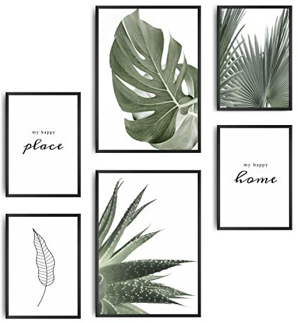 decomonkey | 6er Poster Set OHNE Bilderrahmen | Natur Pflanzen | 4 x DIN A4 & 2 x DIN A3 | Wohnzimmer Schlafzimmer Wandposter Blider Collage Modern Wanddeko Grün Schwarz Weiß Minimalistisch