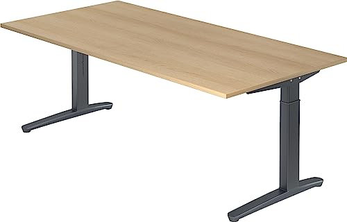 bümö manuell höhenverstellbarer Schreibtisch 200x100 in Eiche, Gestell in Graphit - PC Tisch höhenverstellbar & groß, höhenverstellbarer Tisch Büro, großer Computertisch verstellbar