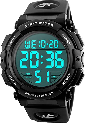 kieyeeno Relojes Deportivo Digital para Hombre Mujer, 50M Impermeable Reloj de Pulsera Esfera Grande con LED Cronómetro de Cuenta Regresiva 12/24H Negro
