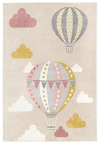 RugVista, Balloon Ride, Kinderzimmer Teppich, 160 x 230 cm, Kinderteppich für Kinder, Spielteppich für Babys, Modernes Design, Kurzflor, Keine schädlichen Stoffe, Beige/Rosa