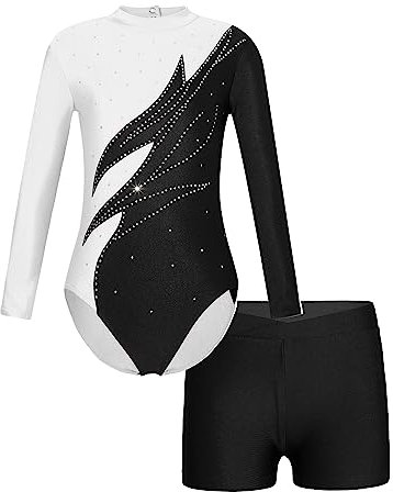 JanJean Mädchen Turnanzug Langarm Gymnastikanzug Glänzend Tanzbody mit Metallic Shorts Ballett Trikot Gymnastik Tanz Kostüme W Weiß schwarz 134-140