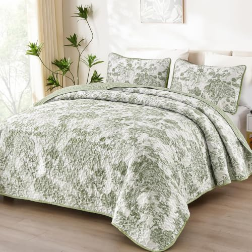 WONGS BEDDING Botanical Quilt Set Queen Size, Sage Green 3 Pieces Toile Floral Plants Printed Bedspread Bedding Set Soft Lightweight Microfiber Coverlet Set for All Season (96x90)