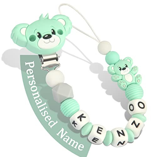 Yolnkos Schnullerkette mit Namen Jungen Mädchen Personalisiert Schnullerclip Teddy Bär(Grün)