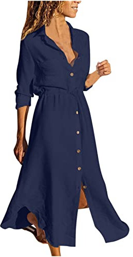 Women Shirts Dress Cotton Linen Dresses Button Down Long Sleeve Sundress Ladies Casual Summer Boho Maxi Dress Sexy Elegant Dresses Smocked Beach Office Dress Vintage Evening Party Dress Plus Size 22