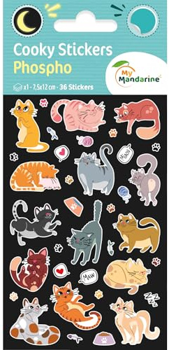 Maildor CY169Cpack - Packung mit 10 Bögen 3D Sticker Cooky Phospho/Aufkleber, 7,5x12cm, phosphoreszierend, Katzen, 360 Stickers, 1 Pack