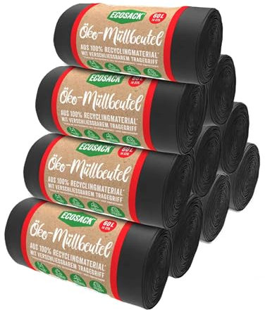 ECOSACK Öko Müllbeutel 60L, 10 Rollen (140 Stück) schwarz - in der EU produziert, aus recycelten Folien und mit erneuerbarer Energie hergestellt