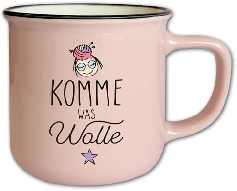 Frida's Wollhaus Tasse #3 Rosa mit Spruch ″Komme was Wolle″ Motivtasse Rosa Vintage Geschenk Stricken Häkeln 330 ml