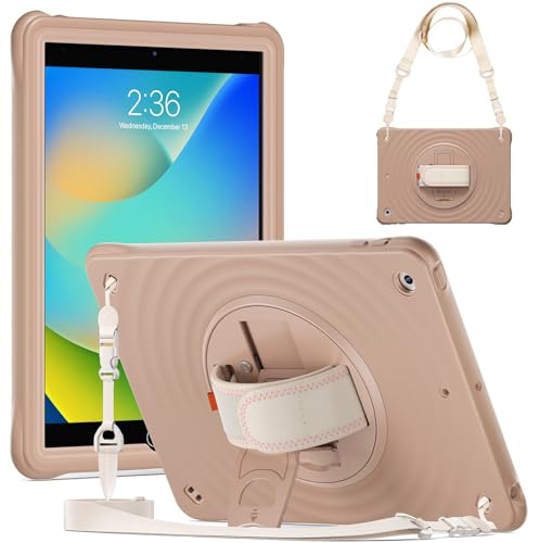 Gerutek Coque Antichoc pour iPad 9ème/8ème/7ème Génération, iPad 10.2 Pouces (2021/2020/2019), Étui Armure Robuste avec Support pivotant à Bouton-Poussoir, Dragonne et Bandoulière Réglable, Marron