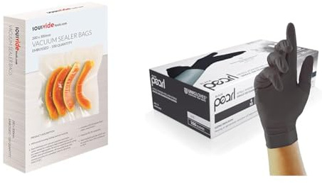 SousVideTools | Vacuum Sealer Bags | Pack of 100 | 20cm x 30cm | Embossed Food Storage & Unigloves Black Pearl Nitrile Examination Gloves - Multipurpose