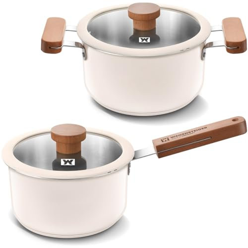 Set mit 2-teiligen, keramikbeschichteten Edelstahl-Pfannen und Töpfen mit Deckel aus gehärtetem Glas und Holzgriffen, 3-lagiger Boden mit Aluminiumkern, alle Herdarten in Beige (Suppentopf + Kochtopf)