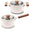 Set mit 2-teiligen, keramikbeschichteten Edelstahl-Pfannen und Töpfen mit Deckel aus gehärtetem Glas und Holzgriffen, 3-lagiger Boden mit Aluminiumkern, alle Herdarten in Beige (Suppentopf + Kochtopf)