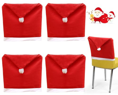 yisight Stuhlhussen 4er Set, Stuhlbezug, Stuhlhussen, Stuhlhussen Weihnachten, Stuhl mit Weihnachtsmütze,Abnehmbarer Weihnachtsstuhlbezug(50cm x 65cm)