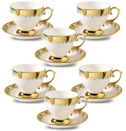 LETAOTAO Juego de 6 tazas de té y platillos, taza de café turco de cerámica de 7 onzas con ribete dorado para capuchino, latte, moca, au lait, doble espresso, color blanco