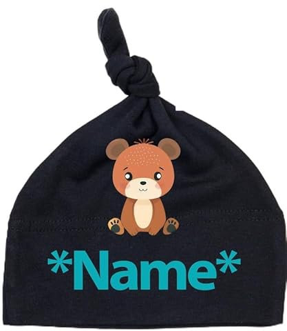Personalisierte Babymütze mit Knoten zum Zubinden - Weiche Neugeborenenmütze für Babys & Kleinkinder Bär Beanie Mütze Schwarz
