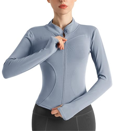 Sportshirt Damen Langarm, Gym Top Laufjacke mit Langer Reißverschluss, Leicht Fitness Oberteil Sweatshirt, Yoga Trainingsjacke mit Daumenloch (DE/NL/SE/PL, Alphanumerisch, S, Regular, Regular, Blau)
