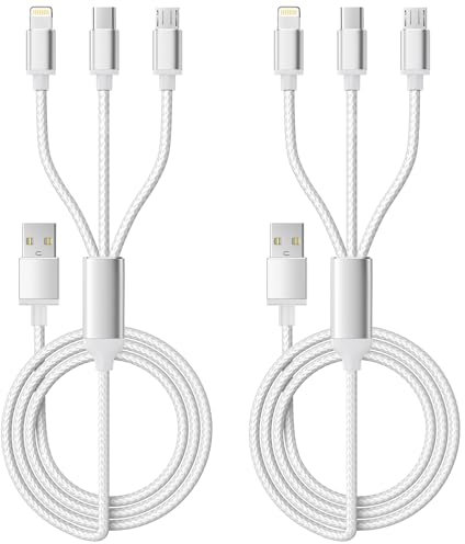 Multi Charger Cable, USB Charger Cable [2Pack 1.2M] 3A Multiple USB Cable 3 in 1 Nylon Braided with Micro USB, Type C Lightning Connector for iPhone, Android Samsung S22 S20, Huawei, Nexus, Nokia,LG
