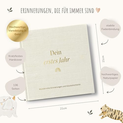 MeinBaby123® Babyalbum Dein erstes Jahr hochwertig vergoldet mit 136 Ausfüllseiten | Geschenk zur Geburt, Babygeschenke, | Babytagebuch zum ausfüllen für Meilensteine im 1. Lebensjahr (leinen beige)