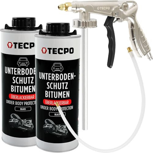 TECPO Unterbodenschutz Bitumen Überlackierbar, 2 Liter Saugdose schwarz UBS Set mit Druckluft Sprühpistole für Steinschlagschutz Karosserieschutz Rostschutzmittel