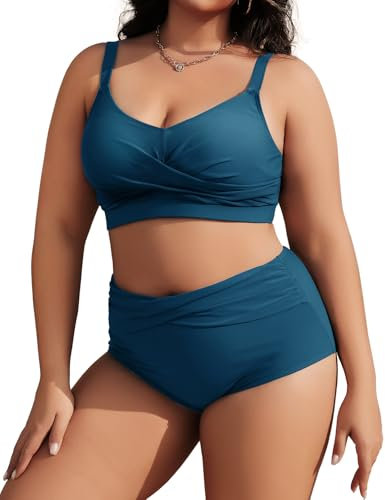 Tuopuda Damen GroßE Größen Bikini-Set Bauchweg Bademode Twist-Kreuz Push Up Bikini-Oberteil High Waist Bikini Hose Weiche BadeanzüGe Curvy Strandmode Mit Verstellbarem Schultergurt, Grün-blau, L