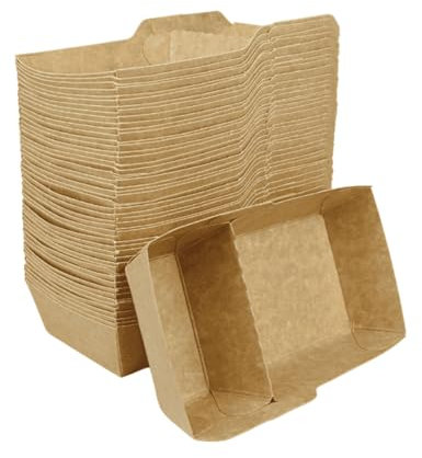 Enpack Snackschale A23 (A7+1) - 50 Snackschalen aus Kraftkarton - Einweg Pommesschalen - Pommes-Frites-Trays - Snack Container - Fingerfood Schiffchen mit 2 Fächer beschichtet - abbaubar 9x17x3,5 cm