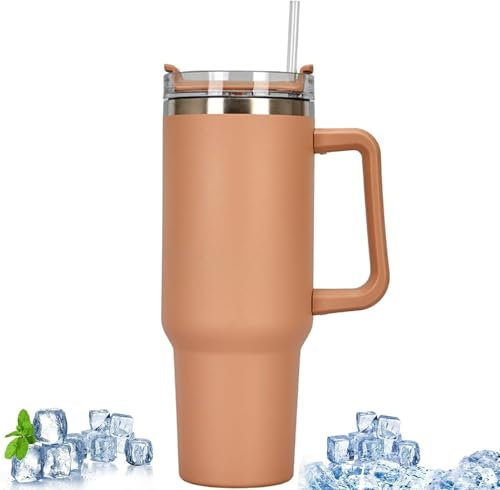 Tumbler - Borraccia in metallo con cannuccia, manico e coperchio, lavabile in lavastoviglie, per 12 ore, ghiacciata per 48 ore, per bevande fredde e calde