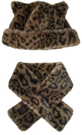 YOOCHUENG Leoparden Winter Mütze Schal Set für Damen Mädchen,Warm Flauschig | Kunstfell Material,Weich Pelzige Hüte & Pelzschal für Frauen,Mode Winter Set Hüte und Halsschal für Alltag Pendeln Reisen