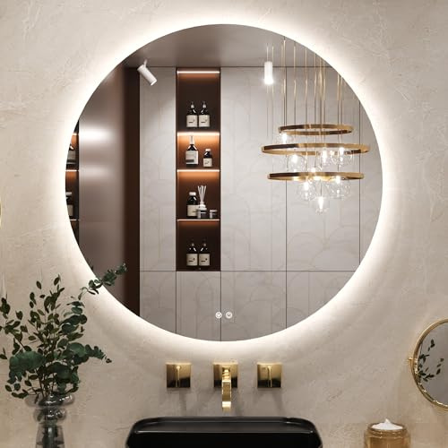 Keonjinn Badspiegel mit Beleuchtung Rund 90cm, Badezimmerspiegel mit Beschlagfrei Touch Schalter Speicherfunktion 3 Lichtfarben Dimmbarer LED Bad Spiegel Ohne Rahmen Badezimmer Wandspiegel