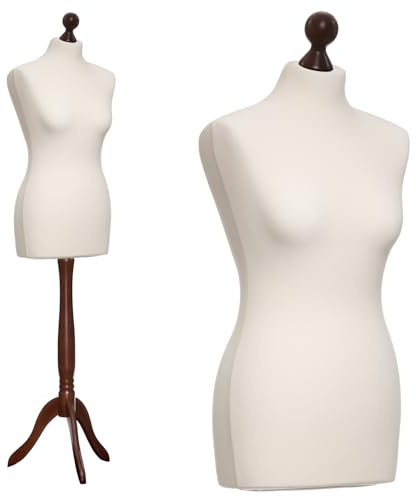 DummyDoll Schneiderpuppe weiblich Größe 32/34, Überzug Creme/Ecru, Holzdreibein Nuss