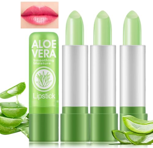 Aloe Vera Farbwechsel Lippenbalsam - 3 Pcs Aloe Vera Lippenstift Set - Lippenbalsam Mit Farbe - Temperatur Color Changing Lipstick für Frauen- Lang Anhaltender Lippenpflege Set,Wasserfest(3.5g*3)