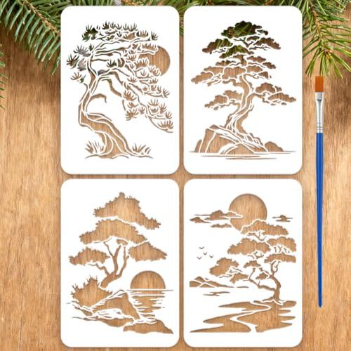 FINGERINSPIRE 4 Stück Malschablone Mit Malerischem Motiv Und Kiefernbaummotiv Und Pinsel 29.7x21cm Kiefernbaum Schablone Sonnenvogel Baum Muster Schablonenvorlage Für Basteln Wandstoffe Dekoration