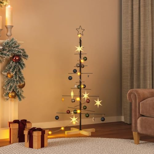 ACAGALA Albero di Natale in metallo per decorazioni, 120 cm, con supporto in legno, colore nero, decorazione moderna fai da te, design albero in metallo per ornamenti decorativi, salvaspazio per