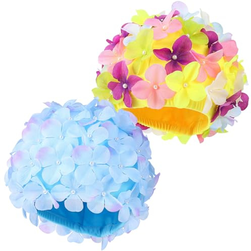 YARNOW Lot de 2 Bonnets de Bain Femme à Fleurs, Casquette Natation Vintage | Chapeau de Piscine Rétro en Nylon pour Aquagym et Spa, Bonnet de Bain Fantaisie avec Pétales 3D Multicolores, 20x14 cm