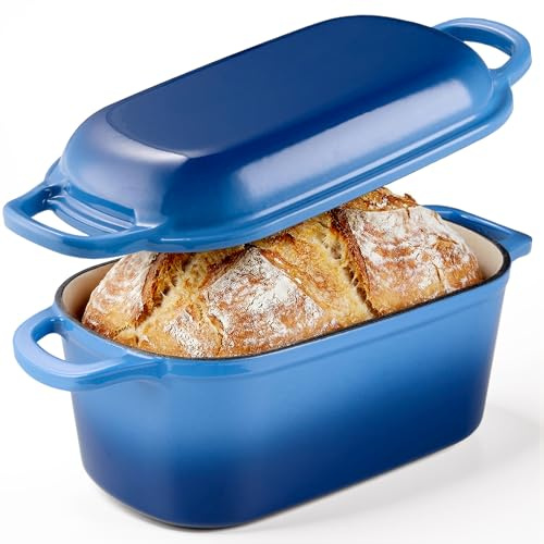 KOMORE 3.8L Rectangular Cast Iron Dutch Oven for Sourdough Bread, Blue | Enamelled Cast Iron Pot with Lid for Bread Making, Roasting, Braising & Frying - Oven Safe up to 260°C, Non Stick, 28cm.