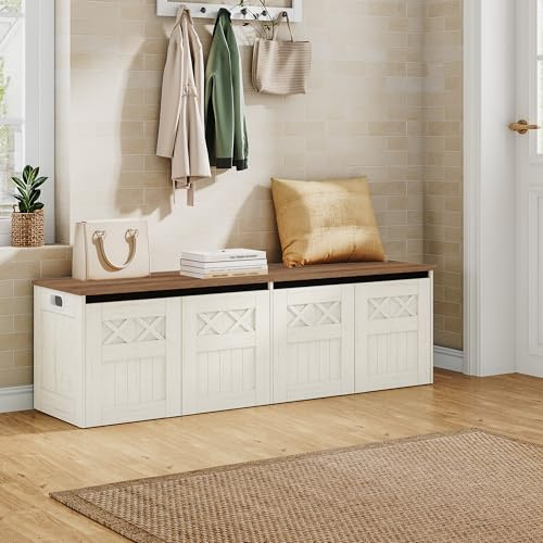 Hzuaneri Schuhbank mit Stauraum, 150 cm, Weiß Braun, Landhausstil | Sitztruhe, 2 Sicherheitsscharniere, 40 x 150 x 48,5 cm, für Flur, Schlafzimmer, Wohnzimmer, SB51514X