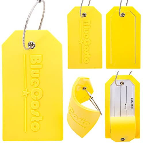 BlueCosto – Gepäckanhänger – groß, gelb, 5 Stück – PVC-Kofferanhänger mit Sichtschutzabdeckung und Edelstahldrahtschlaufen – personalisierte Gepäckkennzeichnung für Reisen