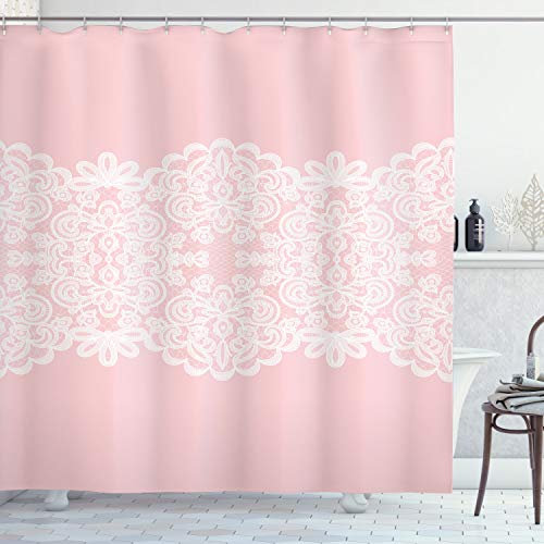 ABAKUHAUS Pink und Weiß Duschvorhang, Hochzeit Braut, Stoffliches Gewebe Badezimmerdekorationsset mit Haken, 175 x 200 cm, Blush Weiß